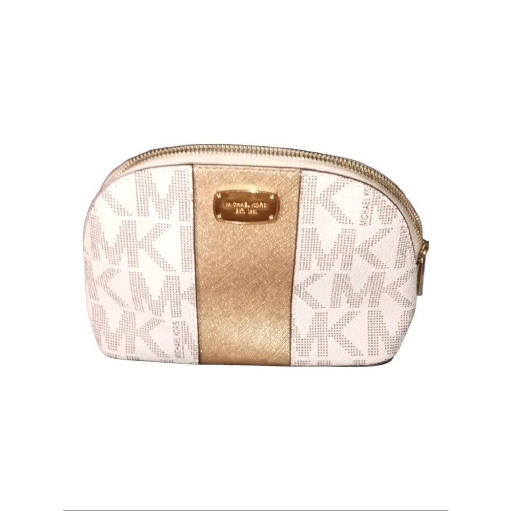Michael Kors Makeup Bag Like New Logo Print Metal Plate Gold Stripe Zip Closure